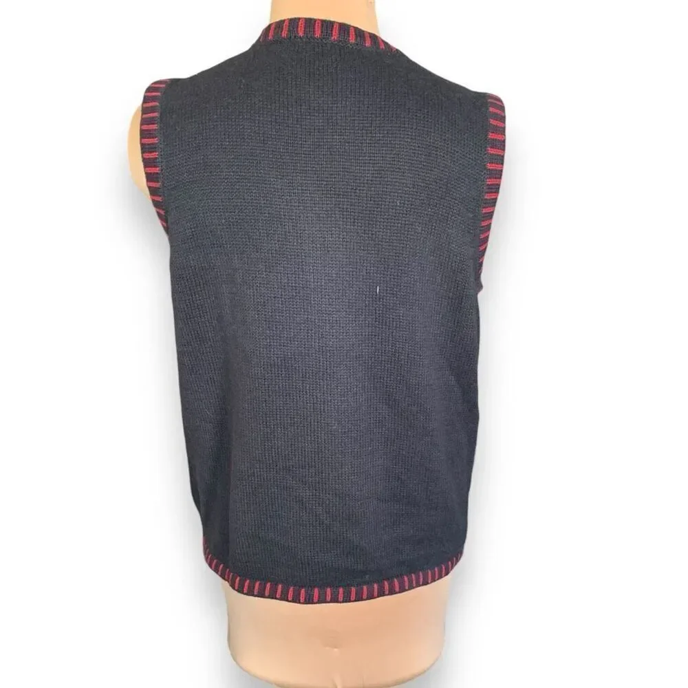 Holiday Editions Black Printed Knit Sweater Vest Festive‎ Embroidery Red Plaid